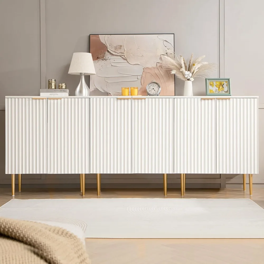 Fluted White Storage Cabinet Set of 3, Console Table with Storage Wooden Credenza Accent Cabinet for Living Room