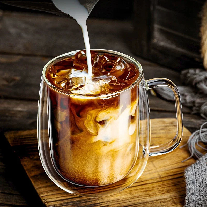 แก้วน้ำสองชั้นขนาด 350 มล. พร้อมหูจับ สำหรับชา เบียร์ กาแฟ นม น้ำมะนาว แก้วใสสำหรับเครื่องดื่มเย็น