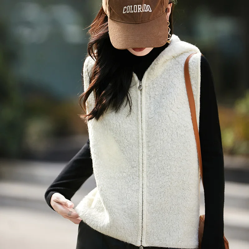 

Женский жилет с капюшоном из 100% шерсти, новый вязаный кардиган, свитер без рукавов, свободное короткое женское пальто, шерстяной жилет на осень и зиму