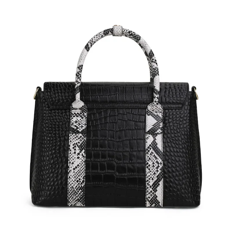 Aidrani Women's Croc Embossed Cowhide Handbag, Light Luxury Snake Patchwork Large Capacity Purse, Versatile Black Shoulder & Cro