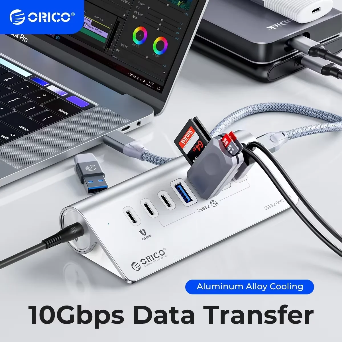 

ORICO USB HUB 5Gbps 10Gbps USB 3.2 Type C PD 60W Charging Accessories Splitter for PC laptop Macbook with EU Power Adapter