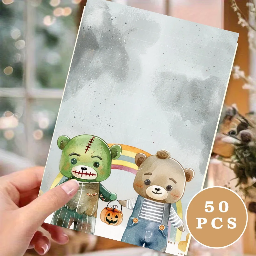50 Sheets,Halloween Zombie Bear Holding Hands Themed Writing Paper, Lined, Glue-Free, Perfect for Notebooks, Memos, and Stickers