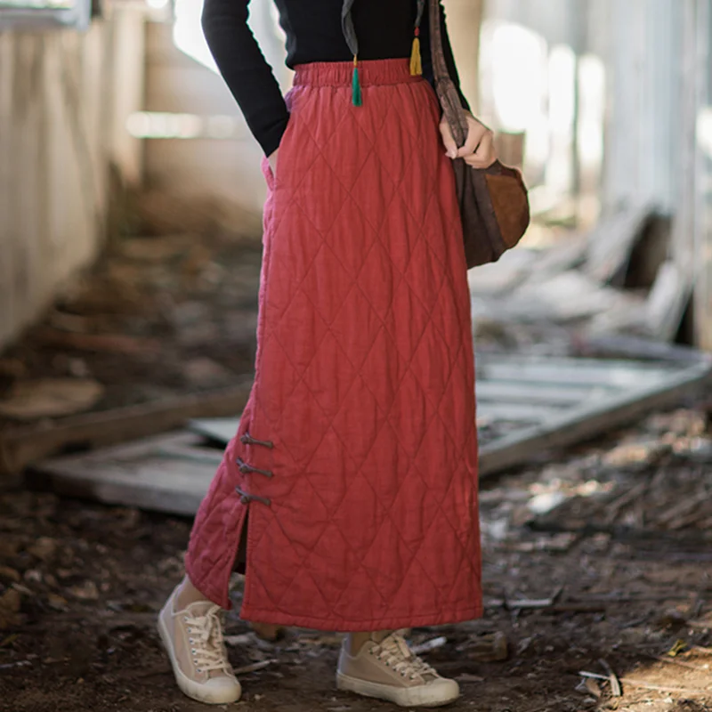 Autumn Winter Women's Loose Cotton Linen A-Line Midi Skirt Elastic Waist Warm Filling Artistic Style Fashionable New Arrival