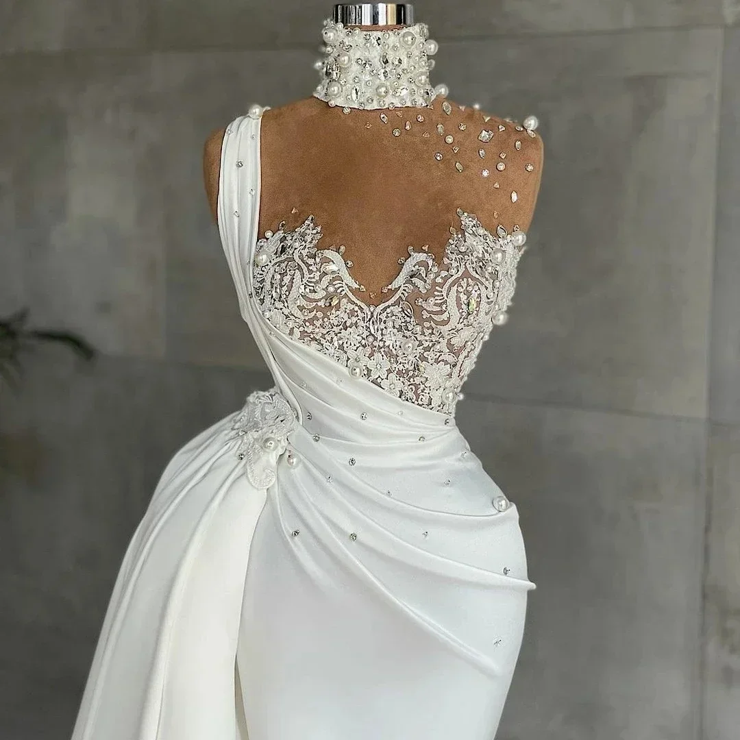 Customized Modest Heavy Pearls High Neck Mermaid Wedding Dresses With Overskirt Train Lace Beads Satin Bridal Gowns 2024