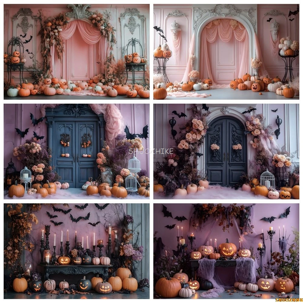 

Halloween Photography Backdrop Castle Wall Door Interior Scene Pumpkins Flowers Baby Kids Portrait Photo Background Decor Props