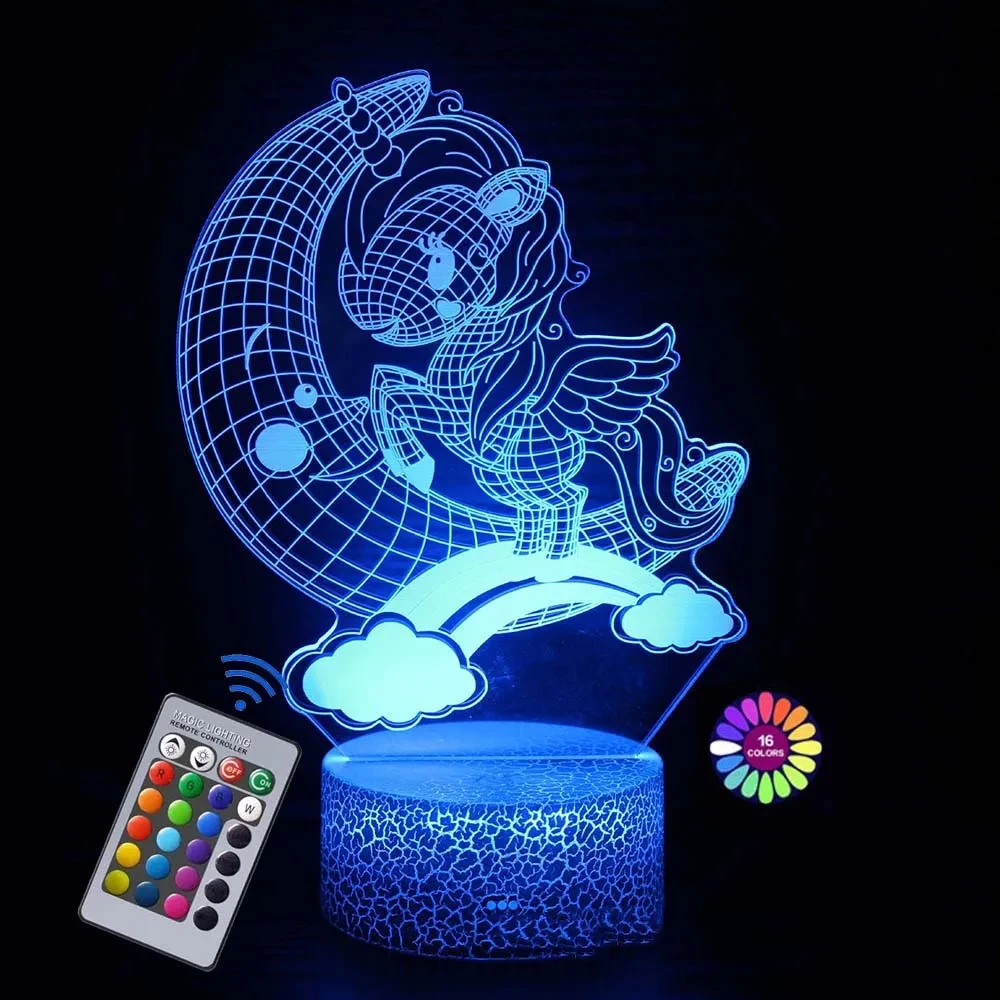 LED night light unicorn rechargeable USB with remote control, 16 colors adjustable cartoon animal home decoration