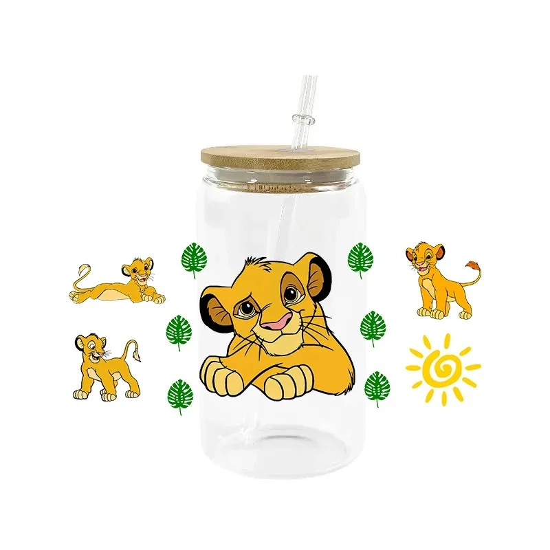 King Lion Design 3D Cartoon UV DTF Cup Wraps, 16oz Waterproof Transfer Stickers & Custom Labels for Libbey Glass Can   Mug, DIY