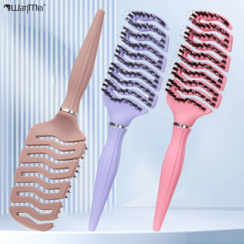 

1pcs Curved Vented Boar Bristle Comb Professional Scalp Massage Comb Detangling Curl Anti-static Hairbrush Salon Styling Tool