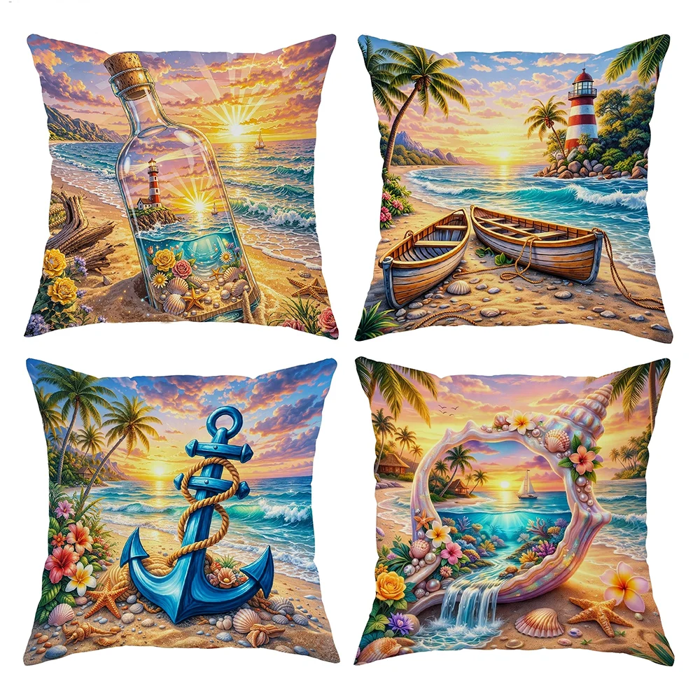 1PC 2D Flat Coastal Beach Scene Throw Pillow Covers Nautical Tropical Sunset Beach House Decor Cushion Cases