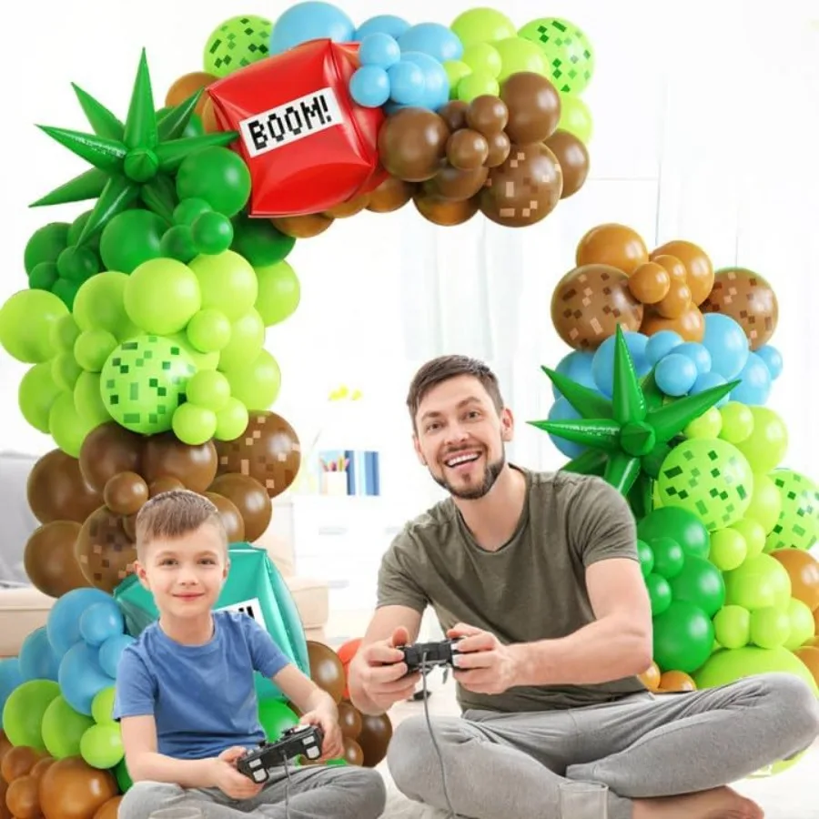 147Pcs Kit Dekorasi Balon Video Game Pixel Hijau Coklat Biru Balon Lateks dengan Balon Foil Boom untuk Pesta Ulang Tahun Tema Gamer Anak Laki-laki