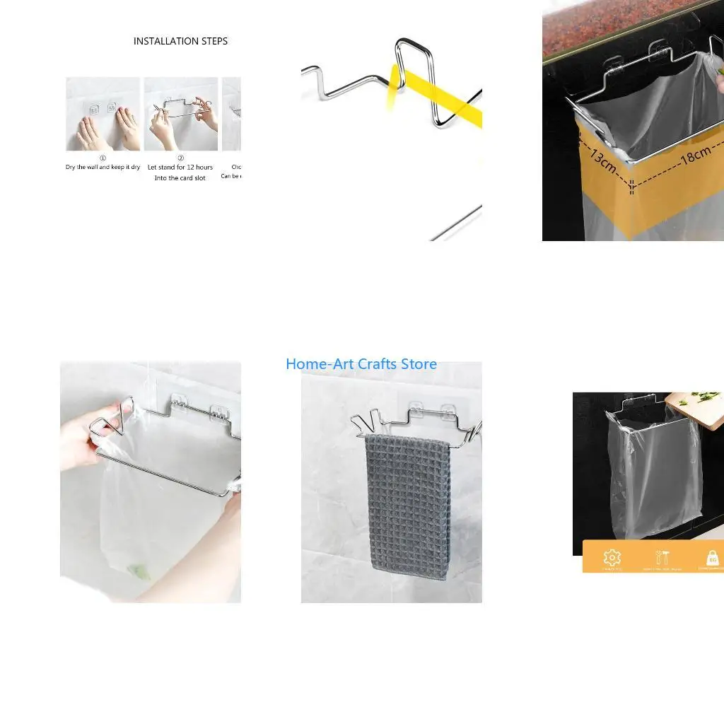 Y3NA Wall Mounted Stainless Steel Garbage Bag Holder Adhesive Hanging Trash Rack Multifunctional Punch-Free Towel Hanger Kitchen