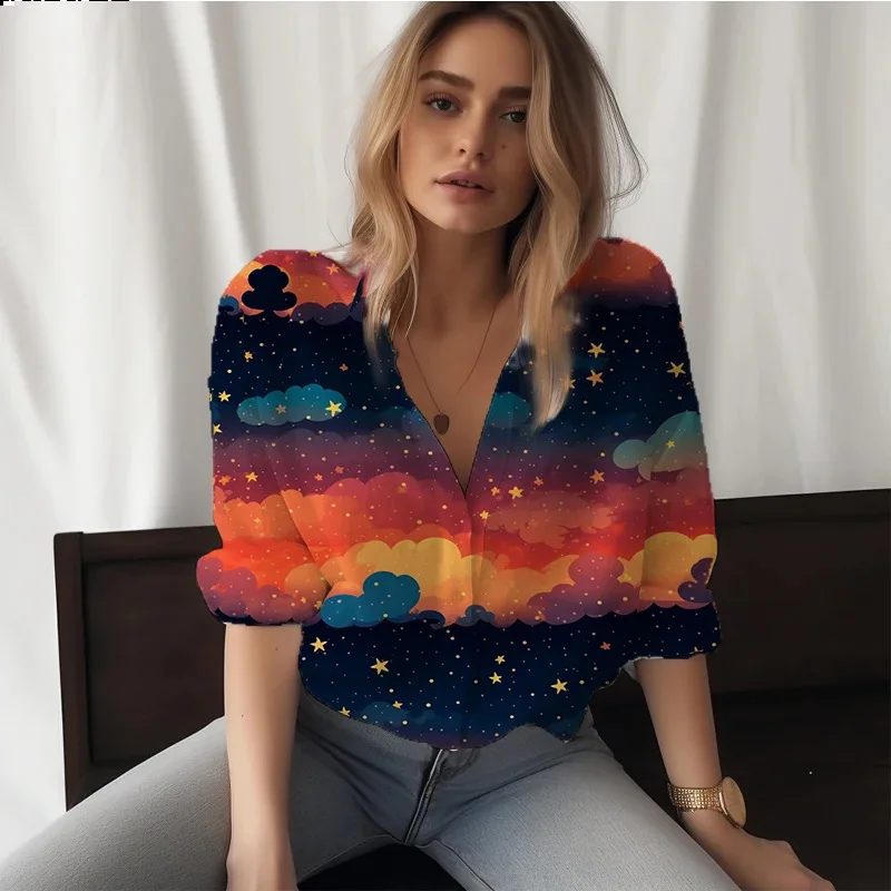 2024 New Women's Shirt Cloud 3D Digital Printed Collar Button Shirt Sleeves Elegant Casual Style Fashion Trend Women's Shirt Top