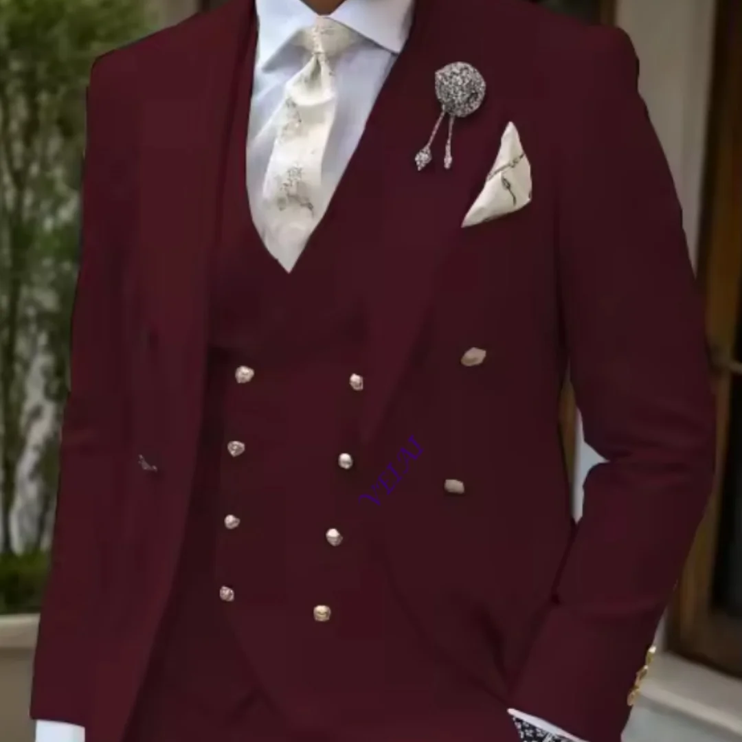 CustomizedMen's 3-Piece Tuxedo Suit Set High-Quality GoldenButton Blazer Vest And Pants Wedding Business Gentleman's Suit
