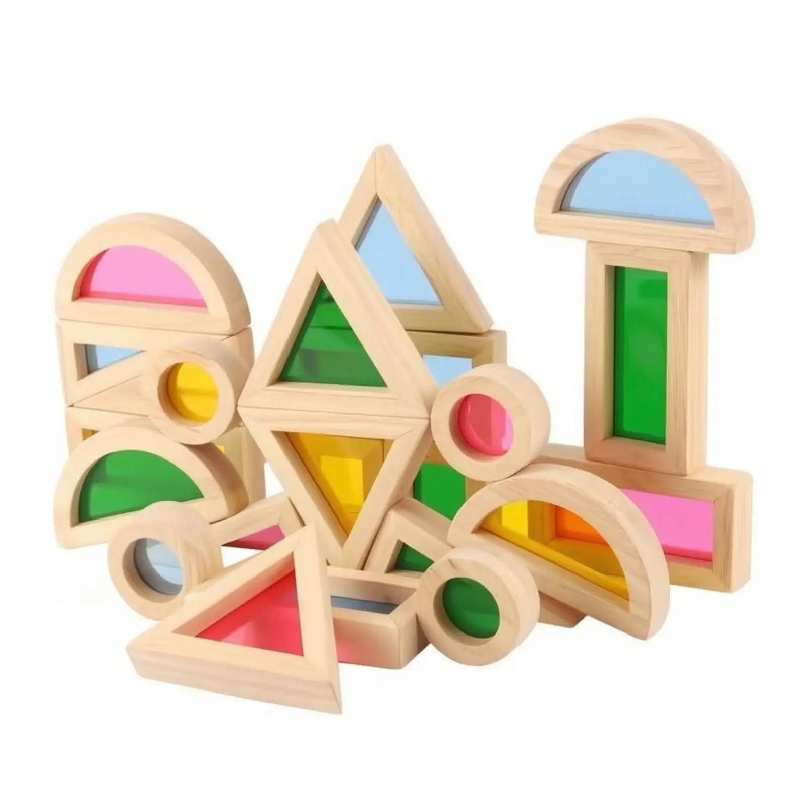 Wooden Rainbow Building Blocks for Kids Sensory Light Learning Toy Creative Geometric Stacking Set