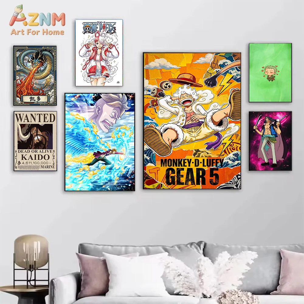 AZNM One Piece Anime Canvas Wall Art Monkey D Luffy Brook Marco Gear 5 Kaido HD Print Frameless Painting Japanese Manga Wanted P view 2