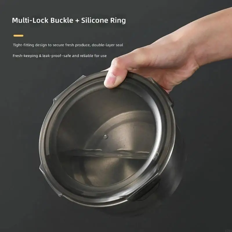 Round Stainless Steel Storage Container with Fastener-Held Lid, Integrated Seal, and Vertical Design for Refrigerator 87HA