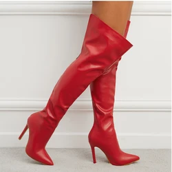 Sexy High Heel Thighs Boots Women's Pointed Toe Stretch Red Long Boots 2024 Fall Winter New Fashion Slim Knee High Boots Women