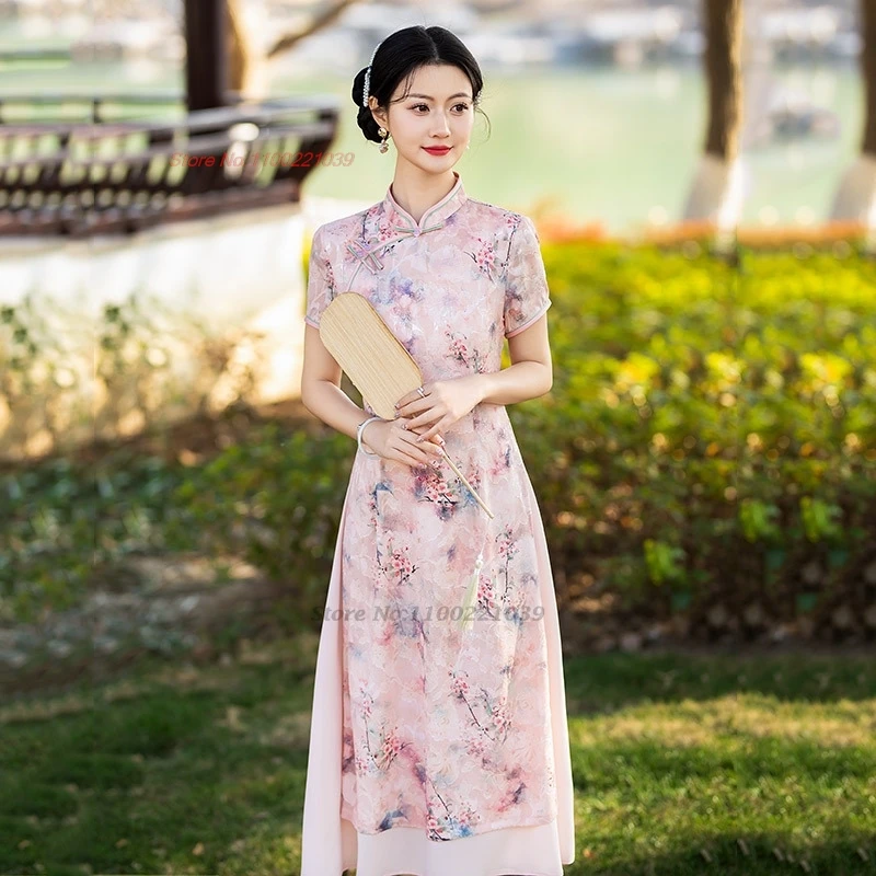 

2024 ao dai vietnam traditional banquet dress flower printa-line cheongsam oriental improved qipao elegant party evening dress