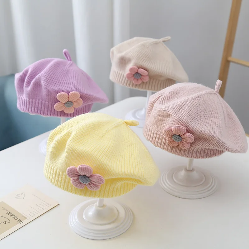 Baby Hat Solid Color Flower Baby Beret Hat Winter Warm Knitted Beanie Cap for Infant Girls Toddler Princess Artist Painter Caps