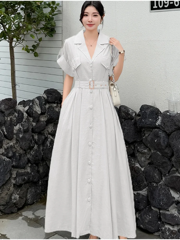 فستان SMTHMA الفرنسي الكوري الأنيق للنساء لصيف جديد 2025 فساتين طويلة أنيقة بمزاج الخصر النحيف السخية مع حزام