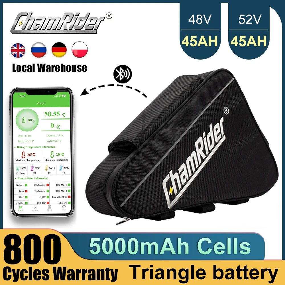 ChamRider 72V Battery 48V 52V 40AH Ebike Pack 1000W 60v 20AH 21700 Triangle Huge Capacity 2000W SuperPowerful 18650 Cell Bafang