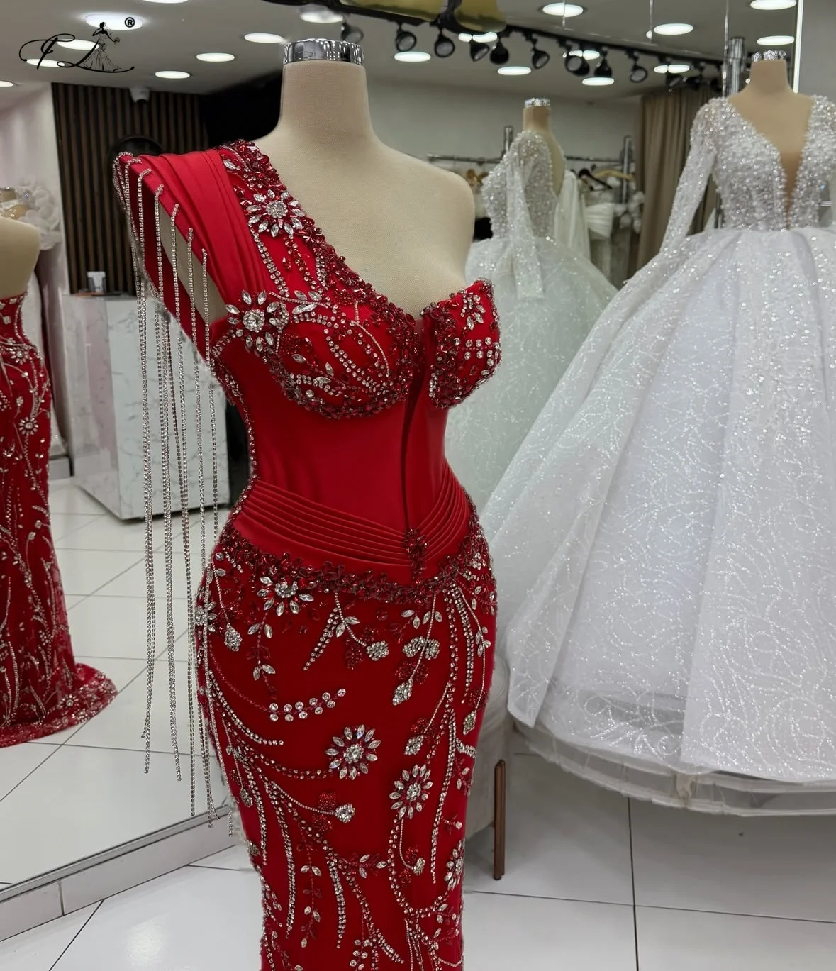 2026 One Shoulder Tassel Evening Gown Red Crystal Embroidered Mermaid Party Gown Customizable Haute Couture Dress Cocktail Dress