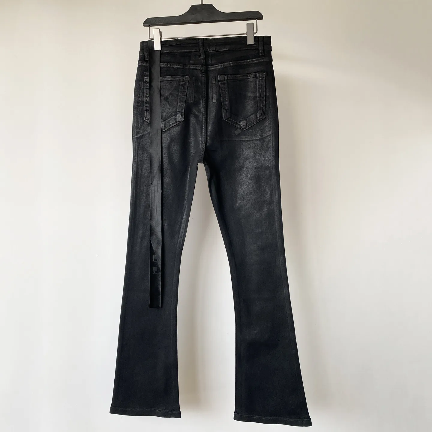 High Street Jean Pants Dark Coating Waxed Micro Flared Men RO Style Waxed Pants Slim Fit Elastic Denim Pants