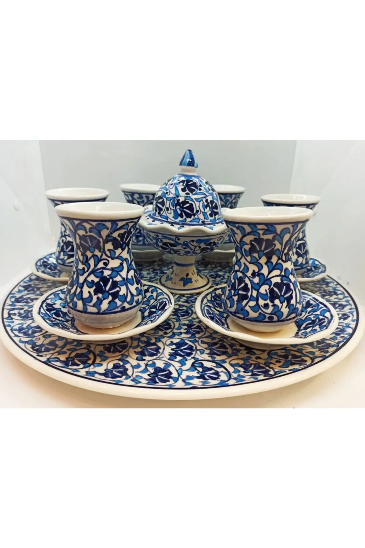 DOLBOVI Blue Handmade Brush Painting Tile Carnation Pattern Tray Tea Cup Pad 6'lı English Tea Glass Cup