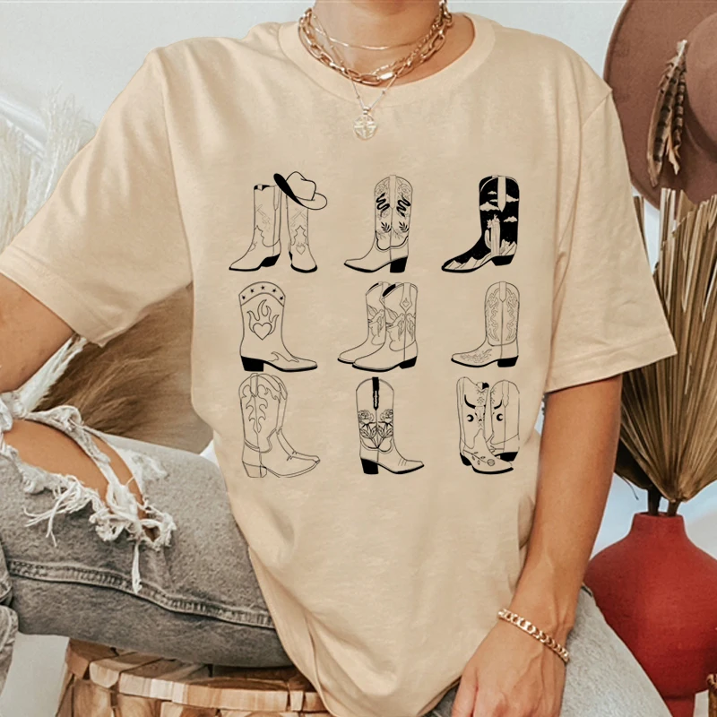 Cowgirl Boots T Shirt women Summer Western Graphic tshirt cotton short sleeve shirt Country Concert women Vintage style T-shirt