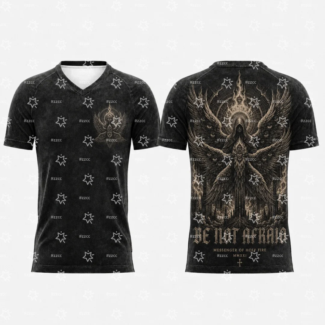 Unisex Distressed V‑neck Tee Dark Seraphim Six‑Winged Angel Occult Graphic Print Retro Goth Aesthetic Street‑Style Casual T‑Shir
