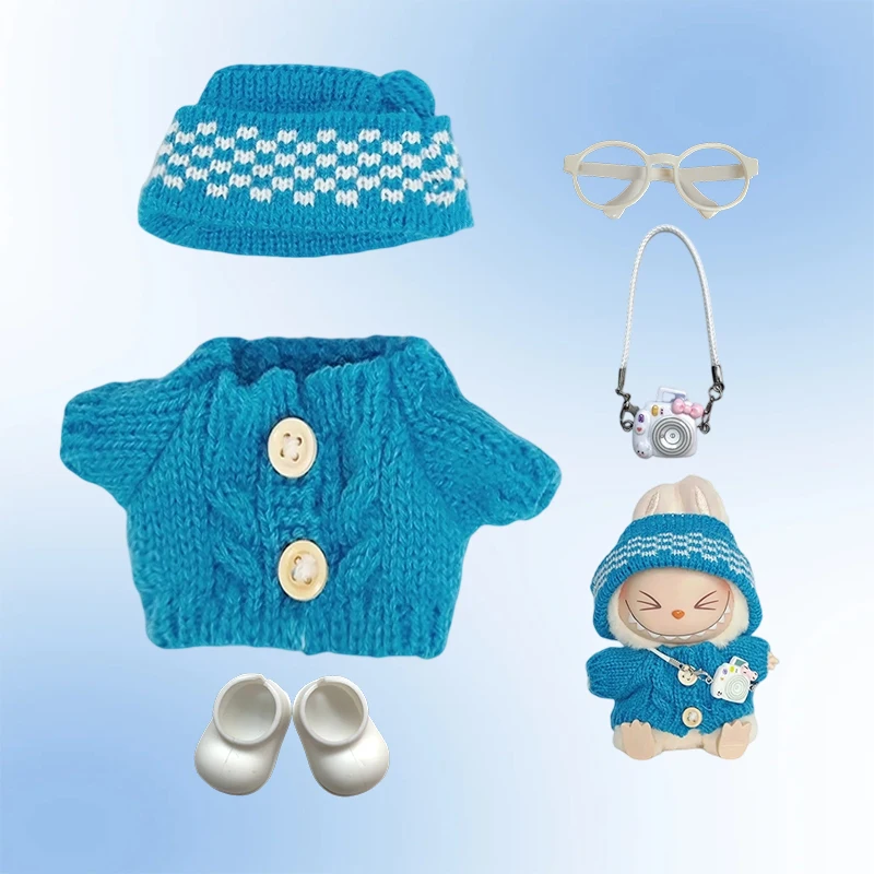17 cm Kleidung für Labubu I II Puppen, süße Kleidung, 5 Farben, Netzpullover und Mütze, Set, Zubehör, Kleidung, Plüschpuppenkleidung