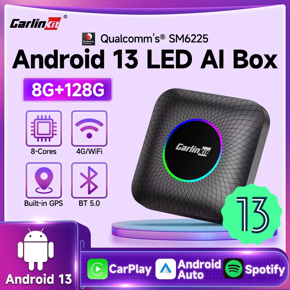 2025 НОВЫЙ CarlinKit Android 13 TV Box LED 8 ГБ + 128 ГБ SM6225 8-ядерный CarPlay беспроводной Android Auto беспроводной USB-адаптер поддержка Netflix IPTV YouTube Tiktok Spotify GPS 4 ГБ + 64 ГБ