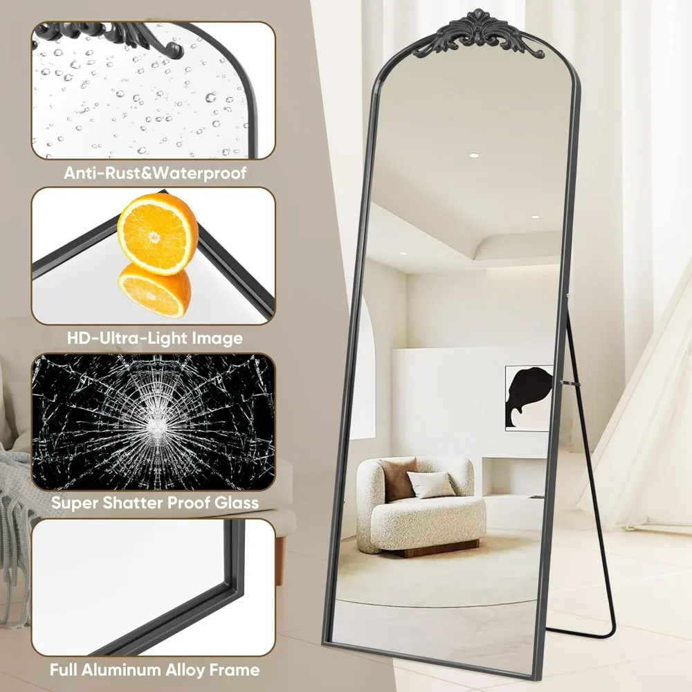 Arched Full Length Mirror, 64"×21" Floor Mirror Freestanding With Carved Metal Frame,Full Body Mirrors