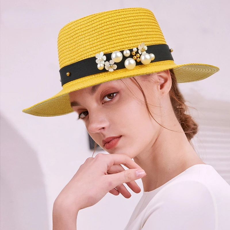 

Summer Ladies Elegant Straw hat pearl Visor Jazz chapeau femme Fedora Summer Beach Sun hat Straw Panama Hat