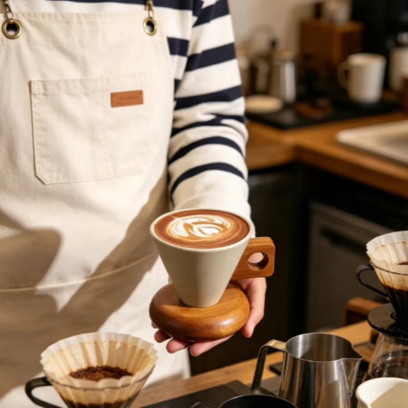 Retro Coffee Cups Heat-proof Conical Ceramic Coffee Cups Afternoon Tea Cup with Wood Base＆Handle Coffee Utensils - view 4