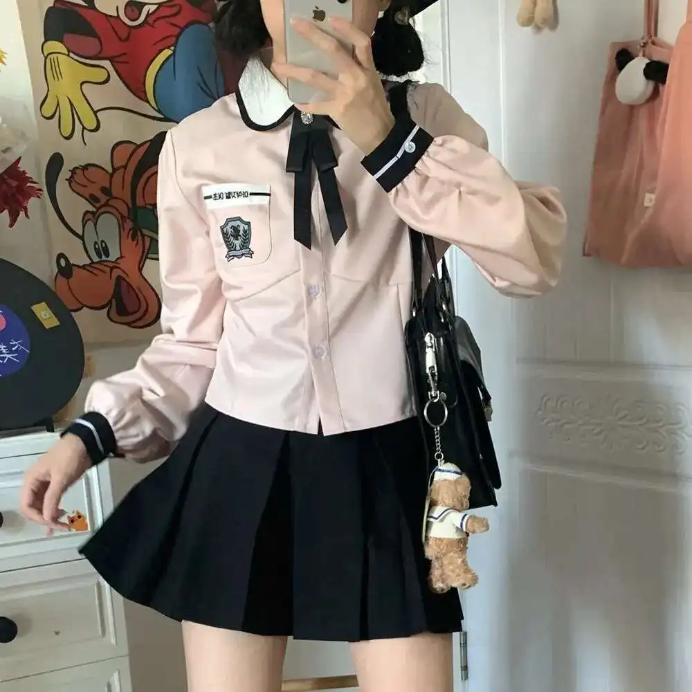 

Korean School Uniform Style Long Sleeve Doll Collar Skirt Bow Tie Clothes Suit Daily Girls Pink Sweet Kawaii JK