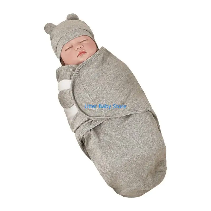 Set coperta per neonati in cotone anti-calcio N80C con cappello coordinato, morbido sacco a traspirante