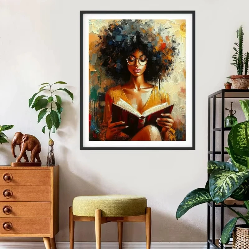 المرأة السوداء الأمريكية الأفريقية الاسترخاء المشارك فتاة باردة قراءة كتاب الأفرو حائط لوح رسم الفن لغرفة المعيشة ديكور المنزل