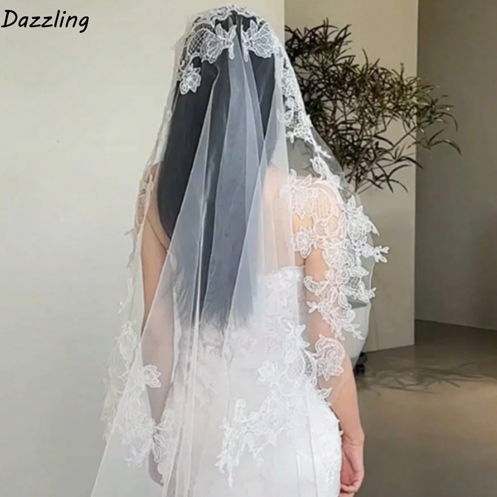 

Длинная свадебная фата с кружевом, вышивкой цветами и кружевной отделкой, мягкая романтическая фата для невесты, головной убор для фотосессии