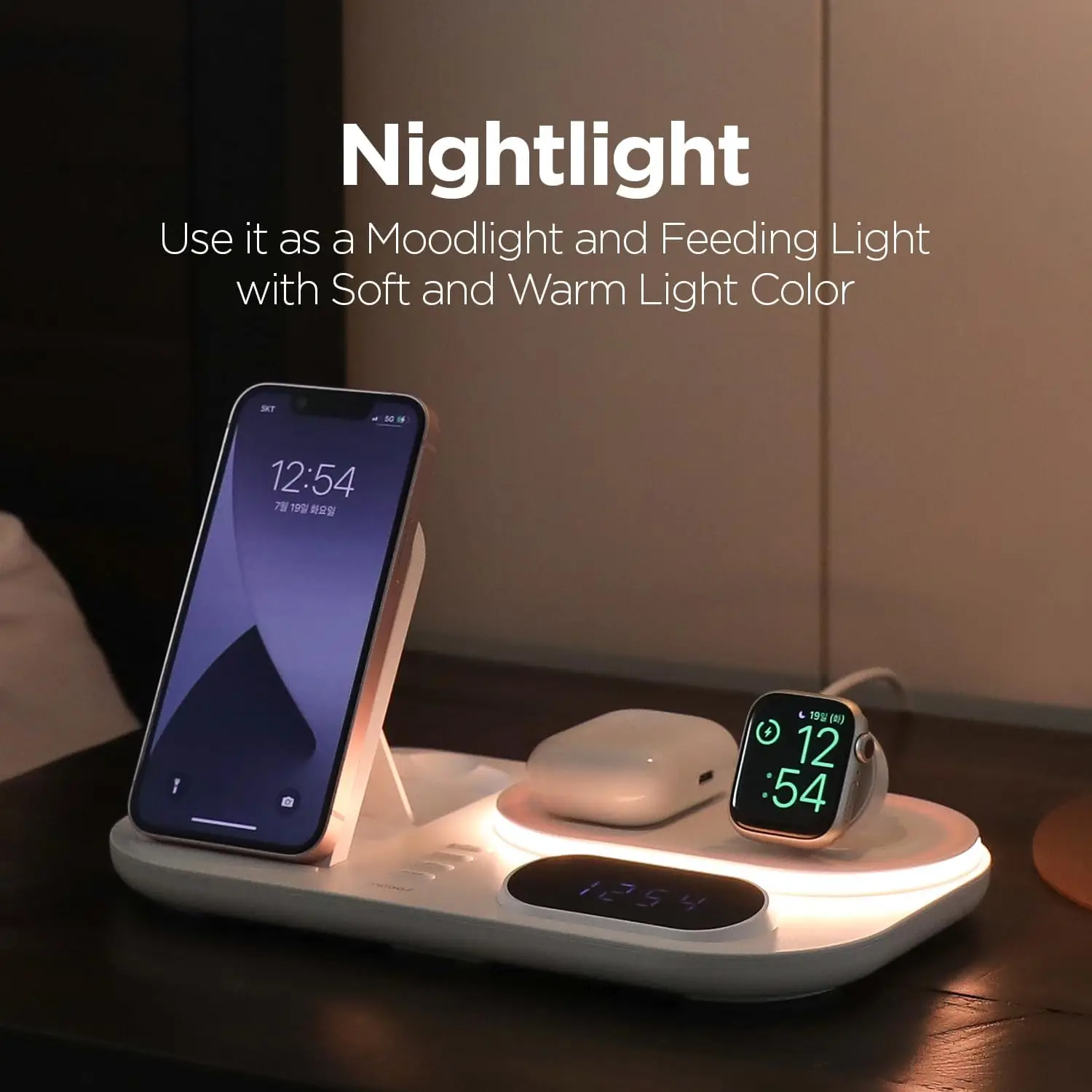 Wireless Charger with Alarm Clock Night Light for iPhone 3 in 1 Fast Charging Station for Apple Watch Charging Stand