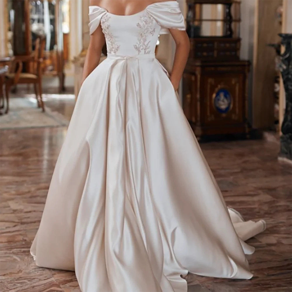 

Classic Off Shoulder Appliquins Sleeveless Pleat A-Line Bride Wedding Dresses Bridal Gowns Customized