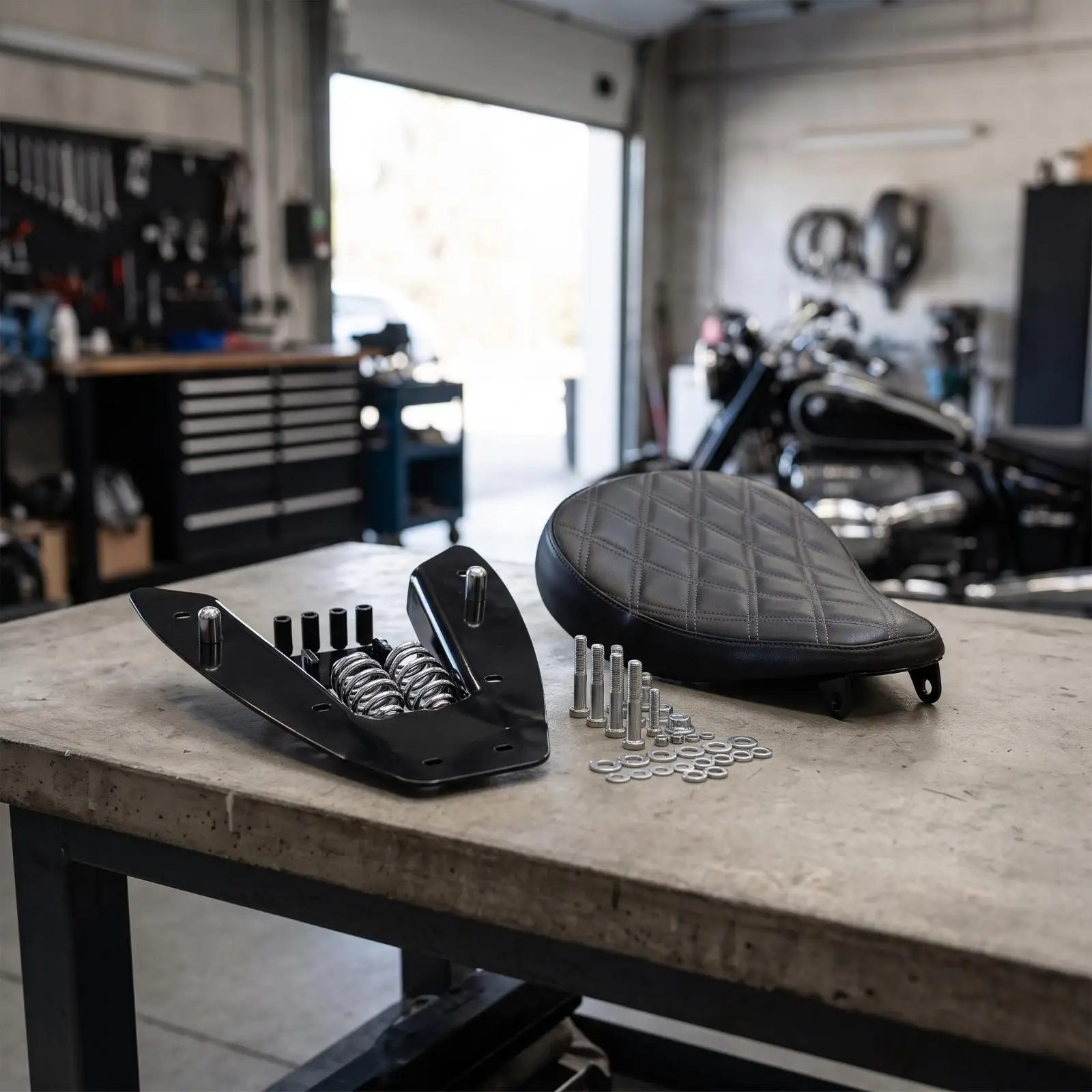 Aftermarket Motorcycle Solo Seat Kit | Diamond-Stitched Leatherette Upholstery, Low-Profile Teardrop Cushion, Bobber Seat Kit,
