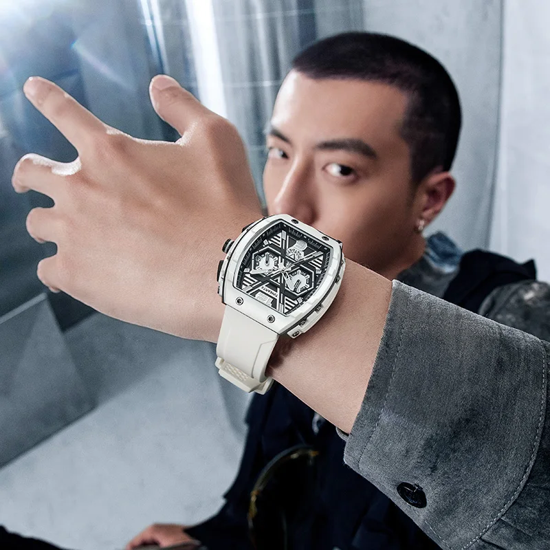 タイムアートX 5560 ビジネス多機能クロノグラフ メンズ 夜光クォーツ腕時計 ワイン樽型曲面ミラー付き