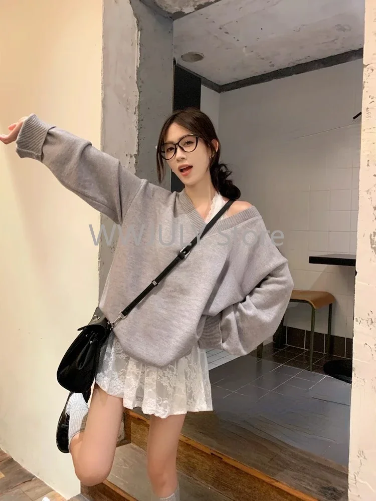 Woman Sweet Fashion 2 Piece Set Spicy Girl Sexy Lace Neck Hanging Vest  + Loose V-neck Knitted Sweater Harajuku Korean Style Set