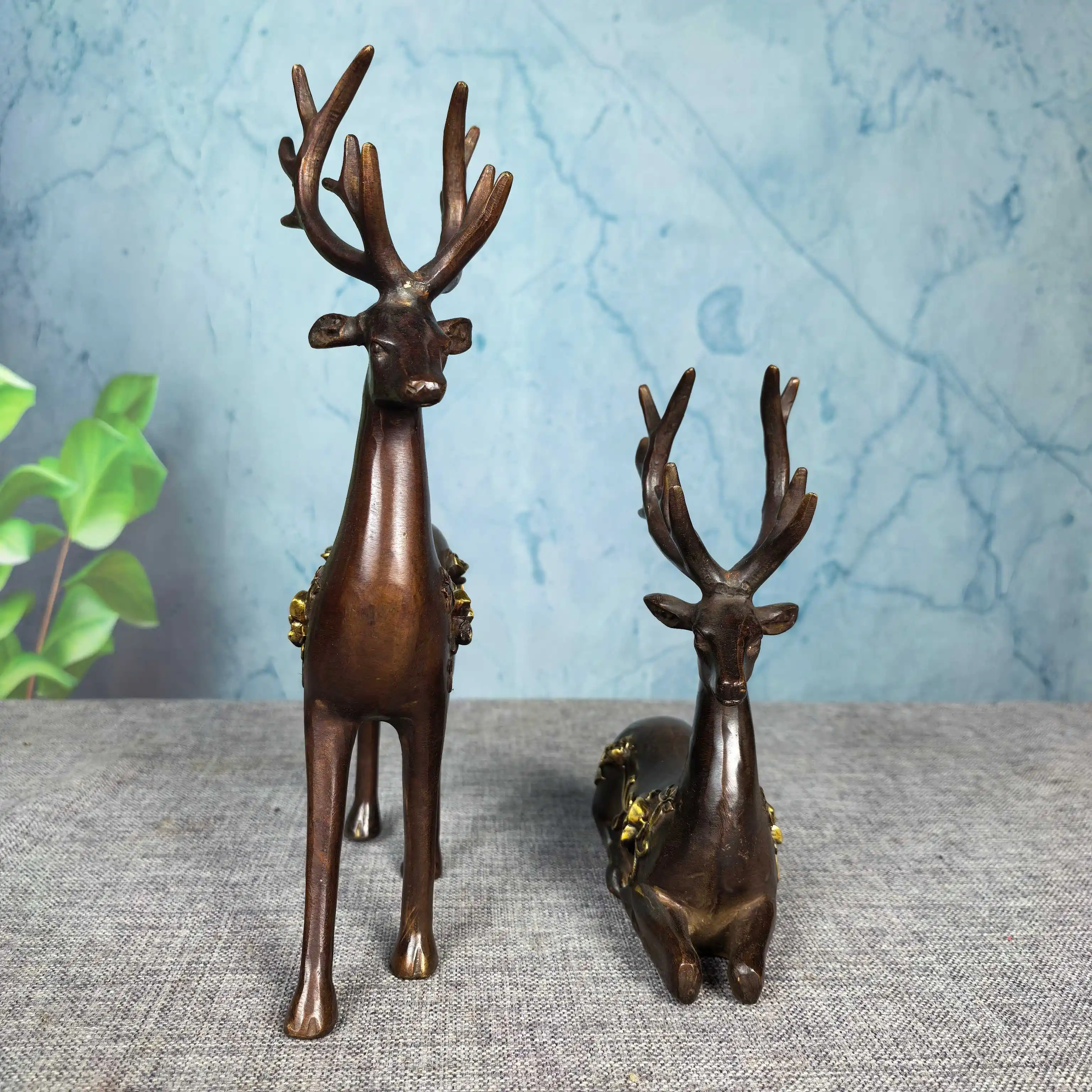 Folk Old Brass plum blossom pattern High and low deer statues a pair All the way to prosperity Amass wealth Ornaments Town house