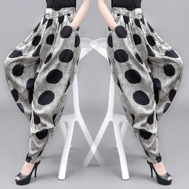 Original Vintage Ethnic Style Spring New Elastic High Waisted Haren Pants Women\'s Printed Dot Patchwork Pockets Casual Trousers