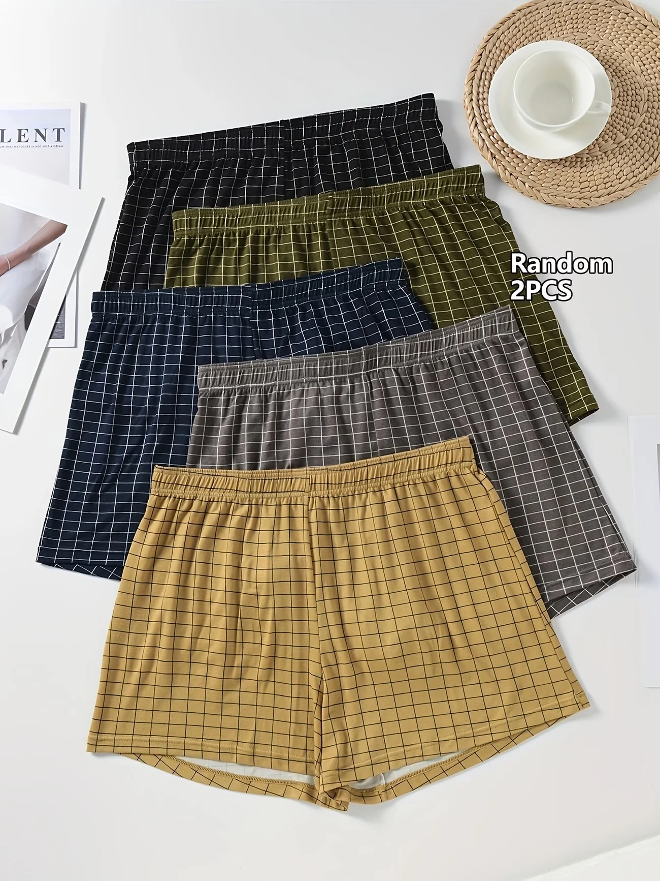 2Pcs Random Mens Underwear Shorts Male Boxer Casual Sleep Underpants Homewear Plaid Loose Comfortable Breathable Soft Underwear