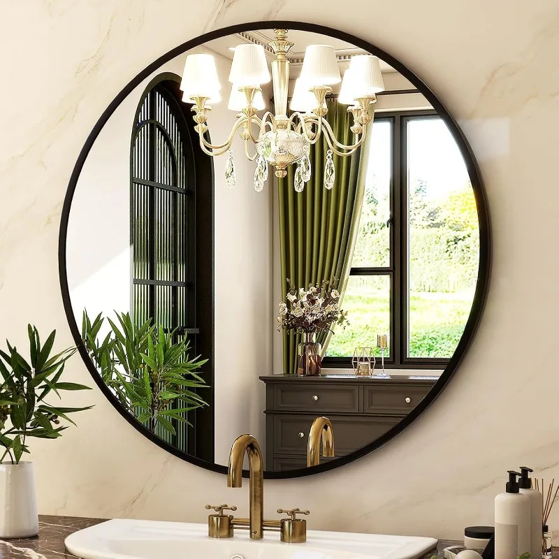 

Round Mirror 30 Black Wall Mounted Circle Mirrors Vanity Mirror With Brushed Aluminum Alloy Frame Modern Decoration F