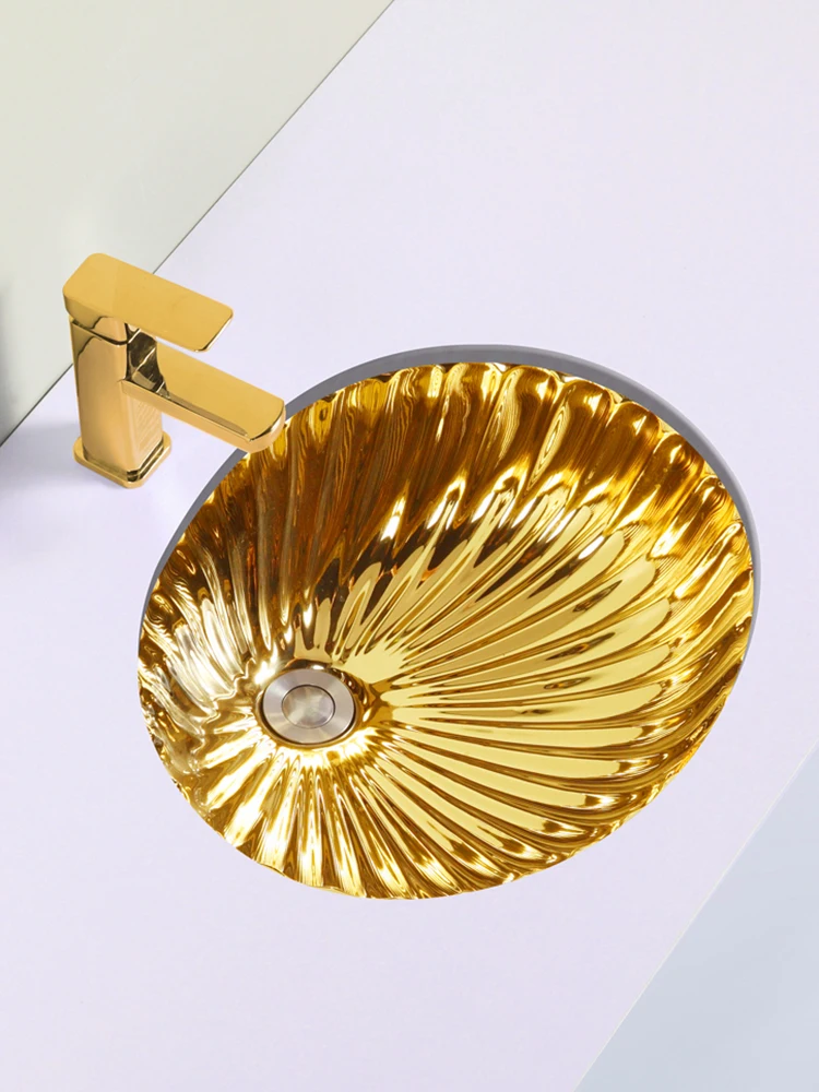 Electroplated colored gold silver ceramic sink with embedded European style bathroom cabinet and circular washbasin