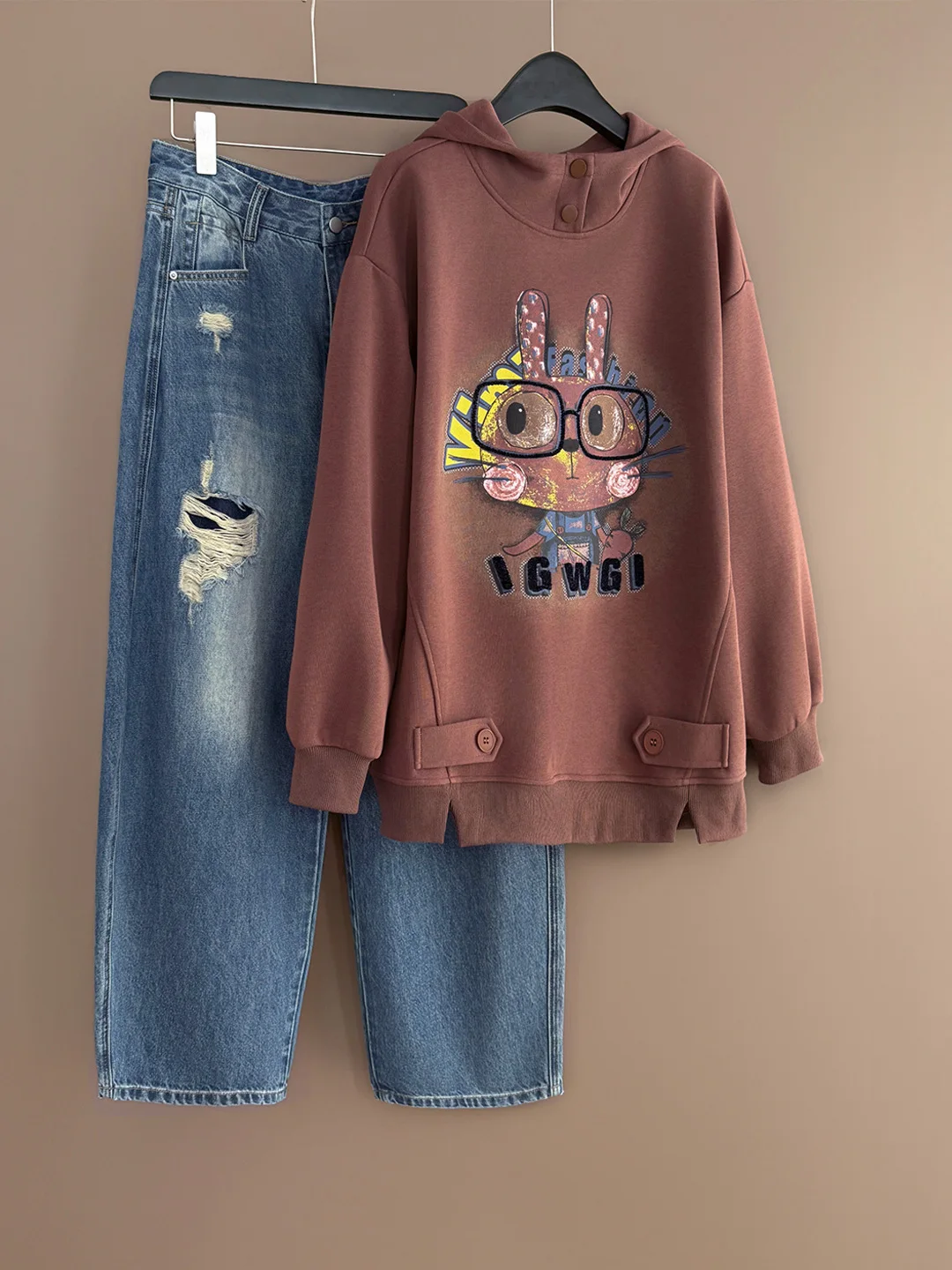 

Cute Sweatshirt High Waist Wide Leg Jeans Fashionable Two Piece Set Women's Spring Clothing Comfortable Casual Sportswear
